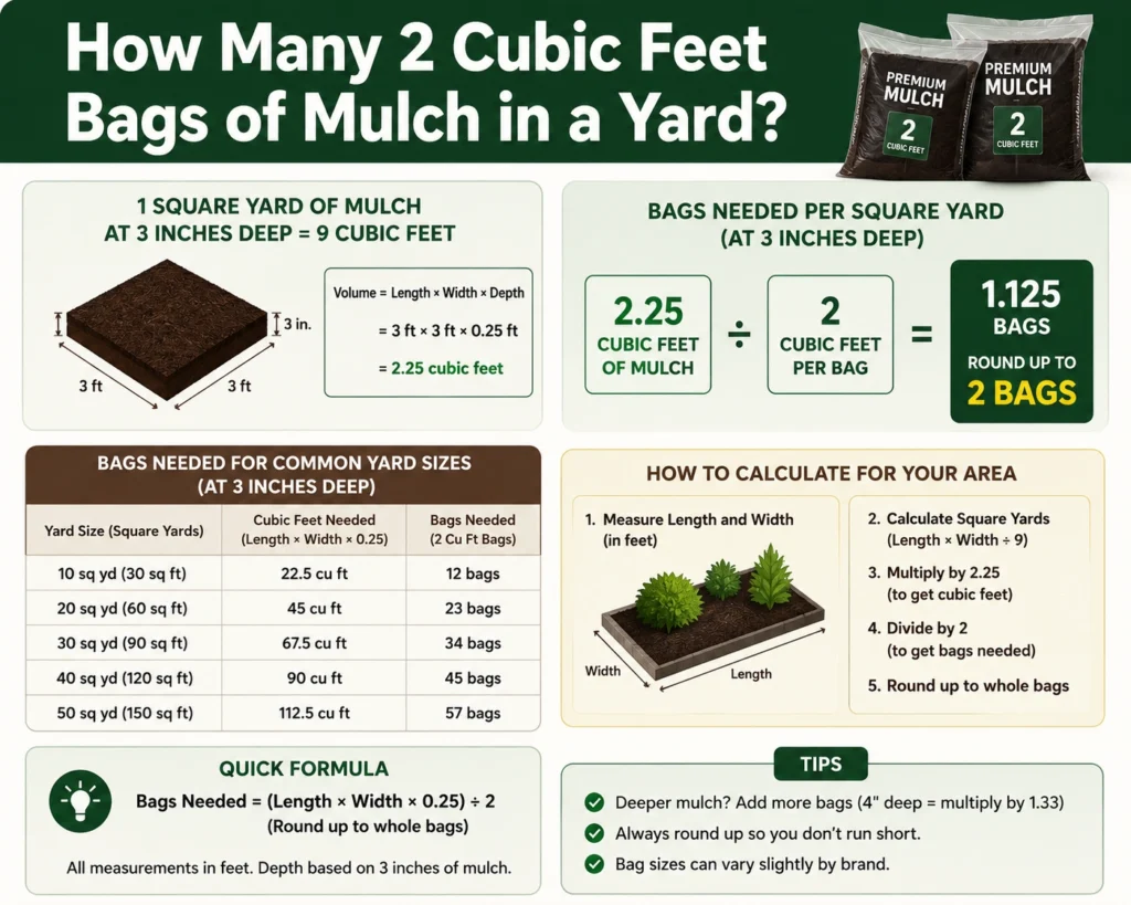 how many 2 cubic feet bags of mulch in a yard