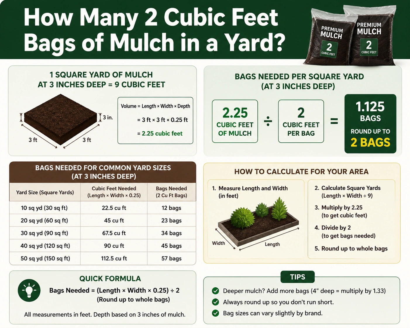 how many 2 cubic feet bags of mulch in a yard