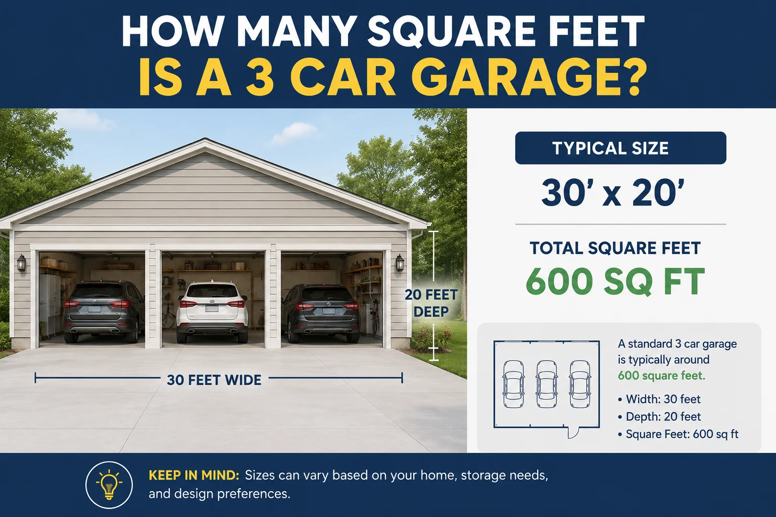 how many square feet is a 3 car garage