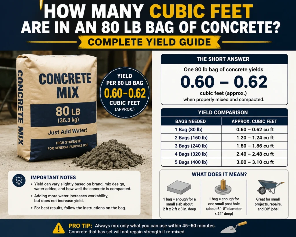 how many cubic feet are in an 80 lb bag of concrete
