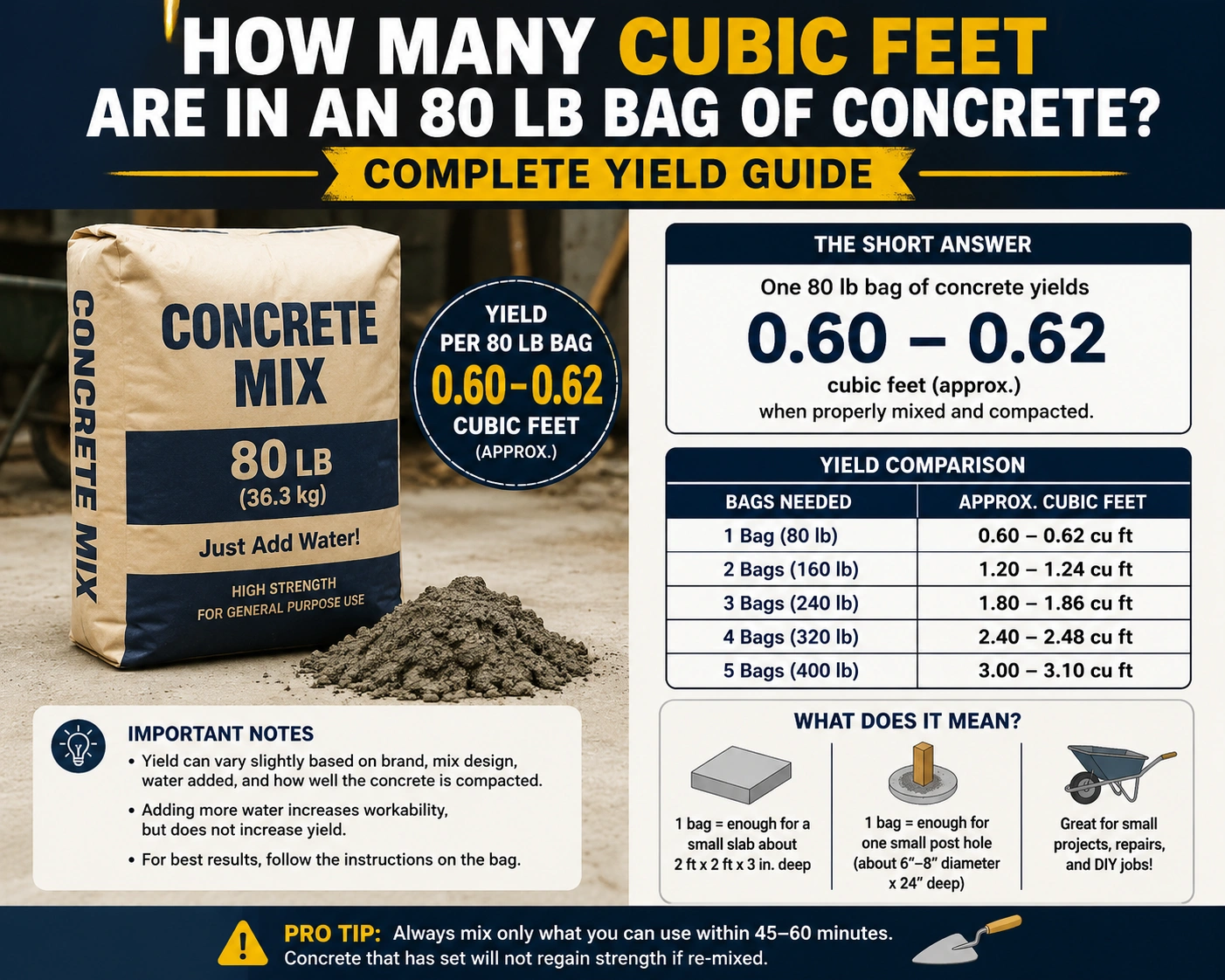 how many cubic feet are in an 80 lb bag of concrete