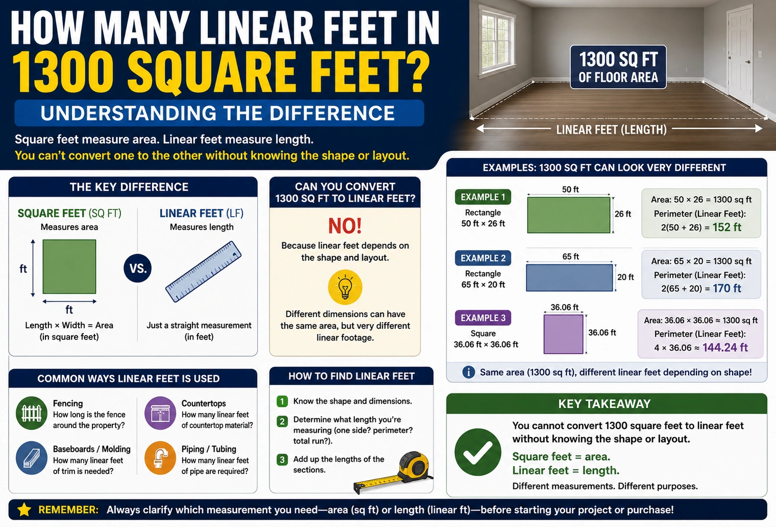 how many linear feet in 1300 square feet