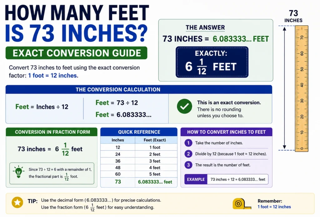 how many feet is 73 inches
