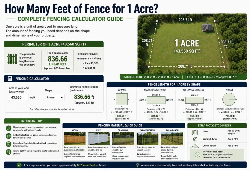 how many feet of fence for 1 acre
