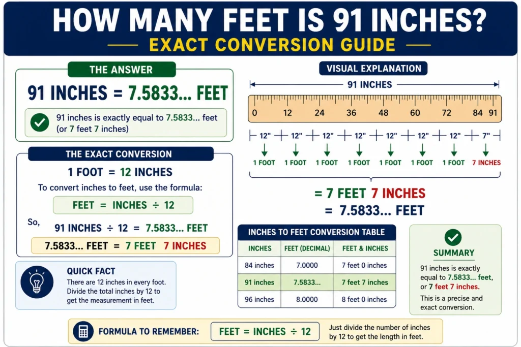 how many feet is 91 in