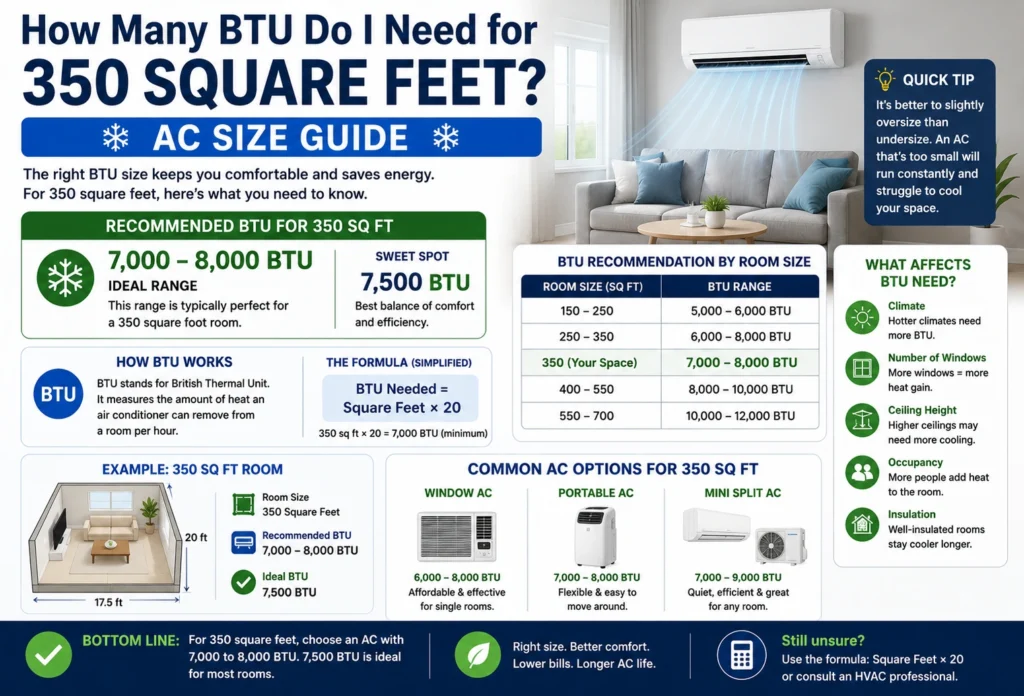 how many BTU do I need for 350 square feet