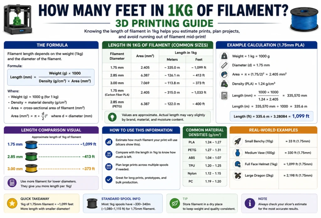 how many feet are in a 1kg spool of filament