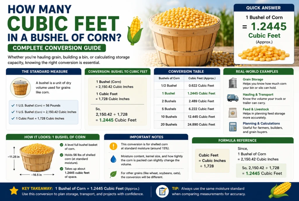 how many cubic feet in a bushel of corn