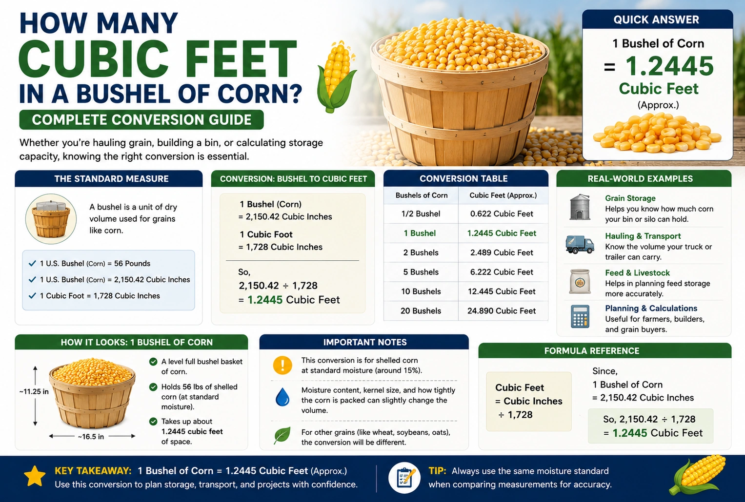 how many cubic feet in a bushel of corn