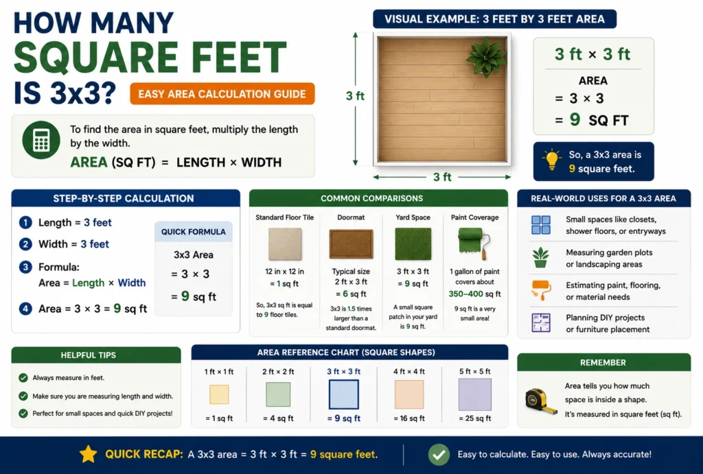 how many square feet is 3x3,