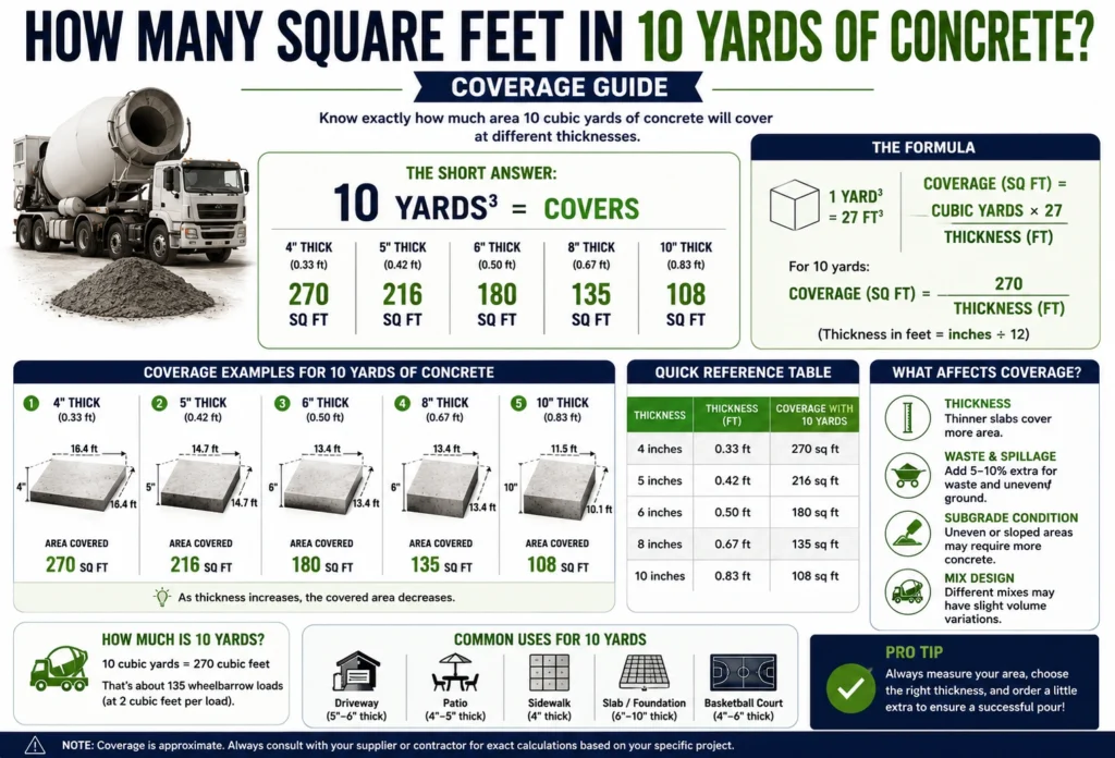 how many square feet in 10 yards of concrete