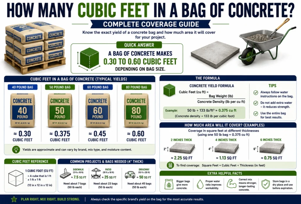 how many cubic feet are in a bag of concrete