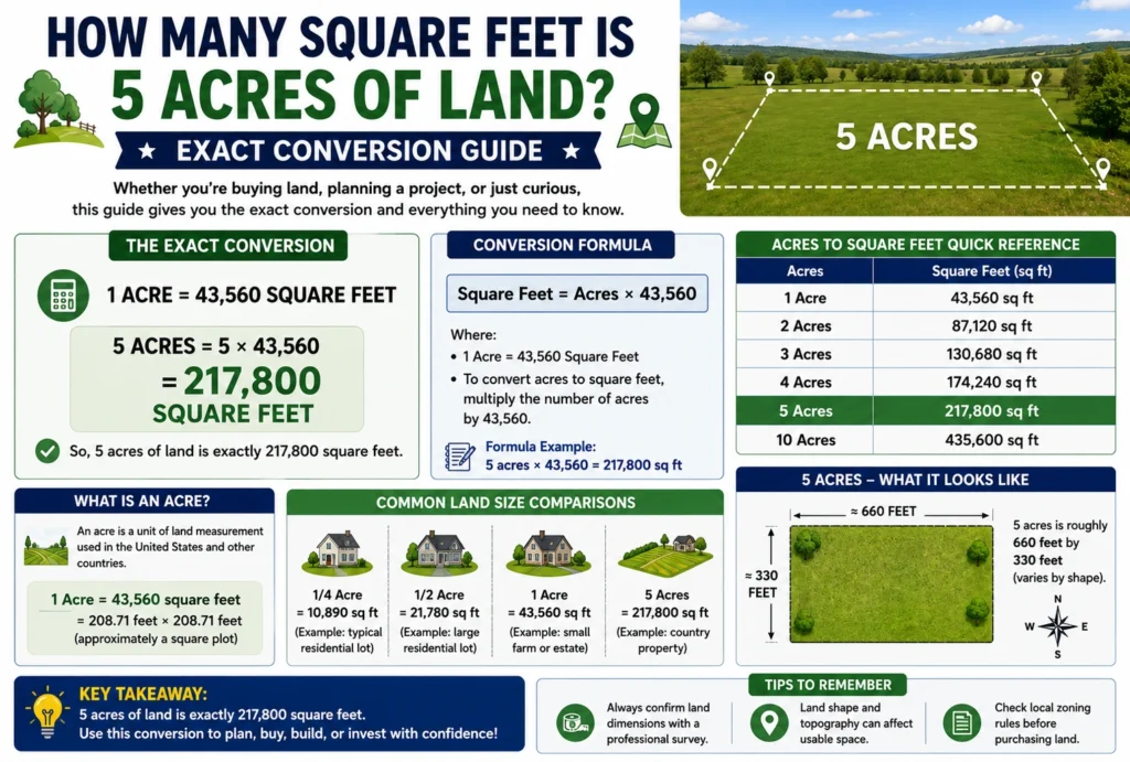 how many square feet is 5 acres of land,