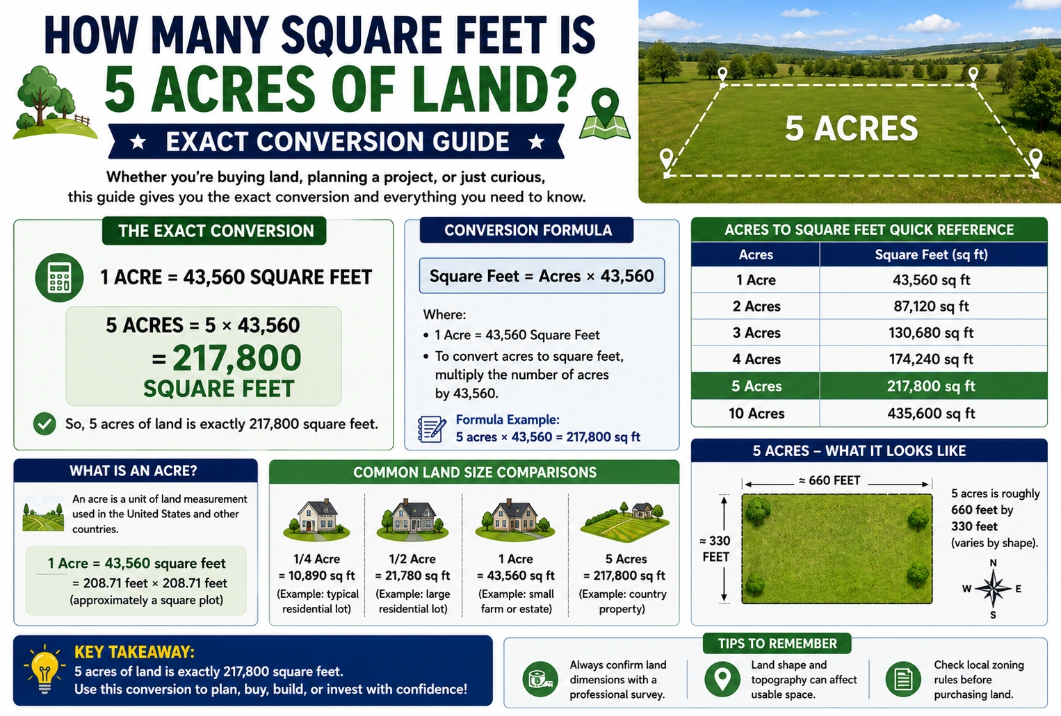 how many square feet is 5 acres of land,