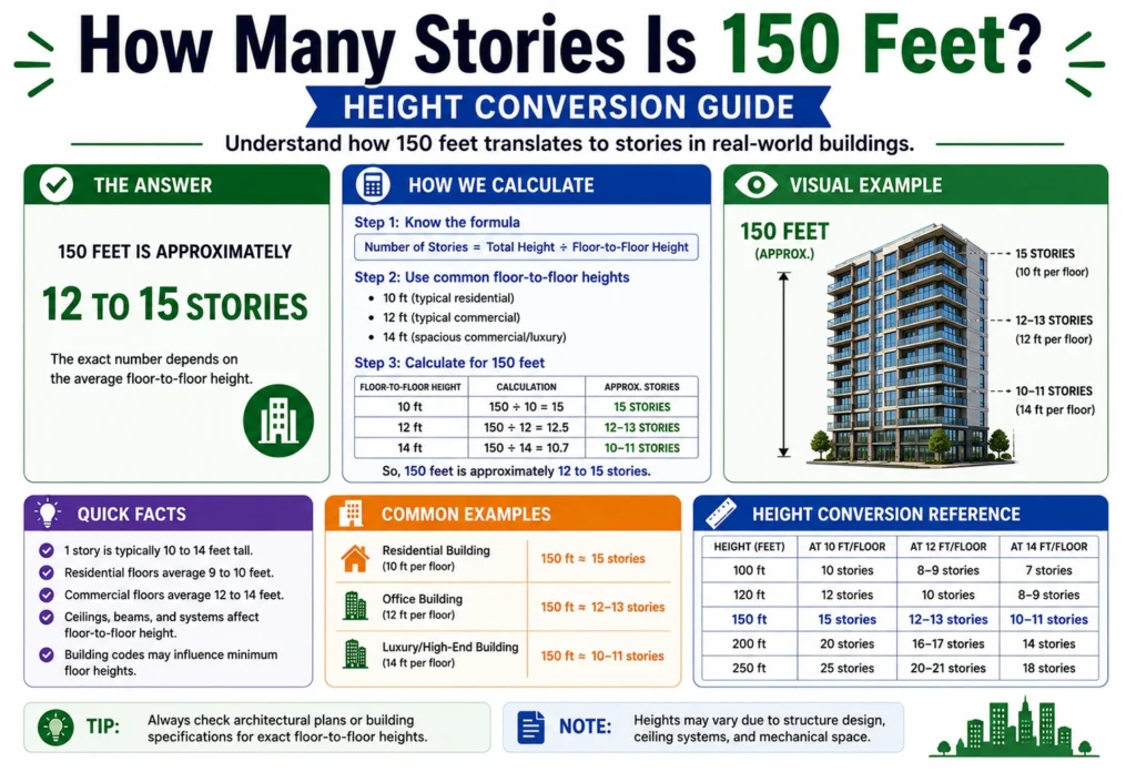 how many stories is 150 feet