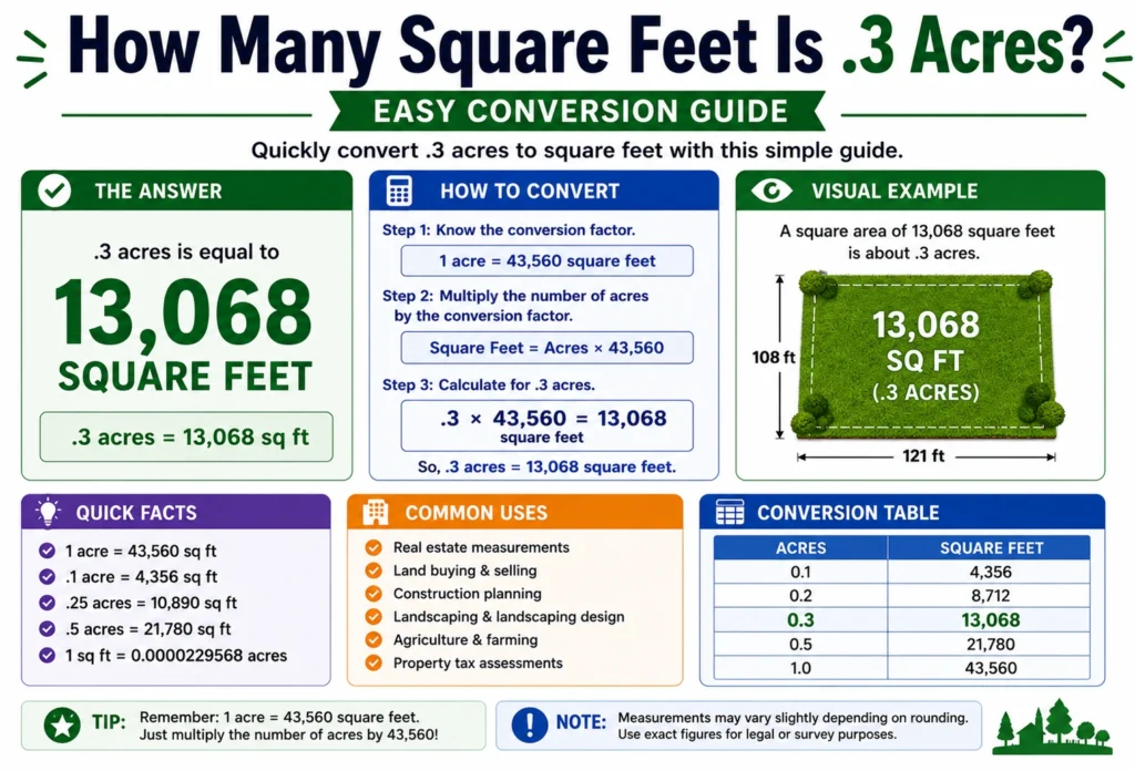 how many square feet is .3 acres