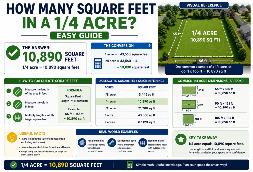 how many square feet in a 1/4 acre
