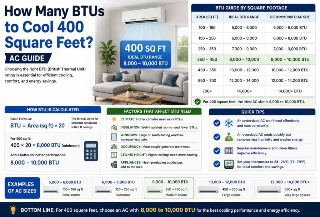 how many btus to cool 400 square feet
