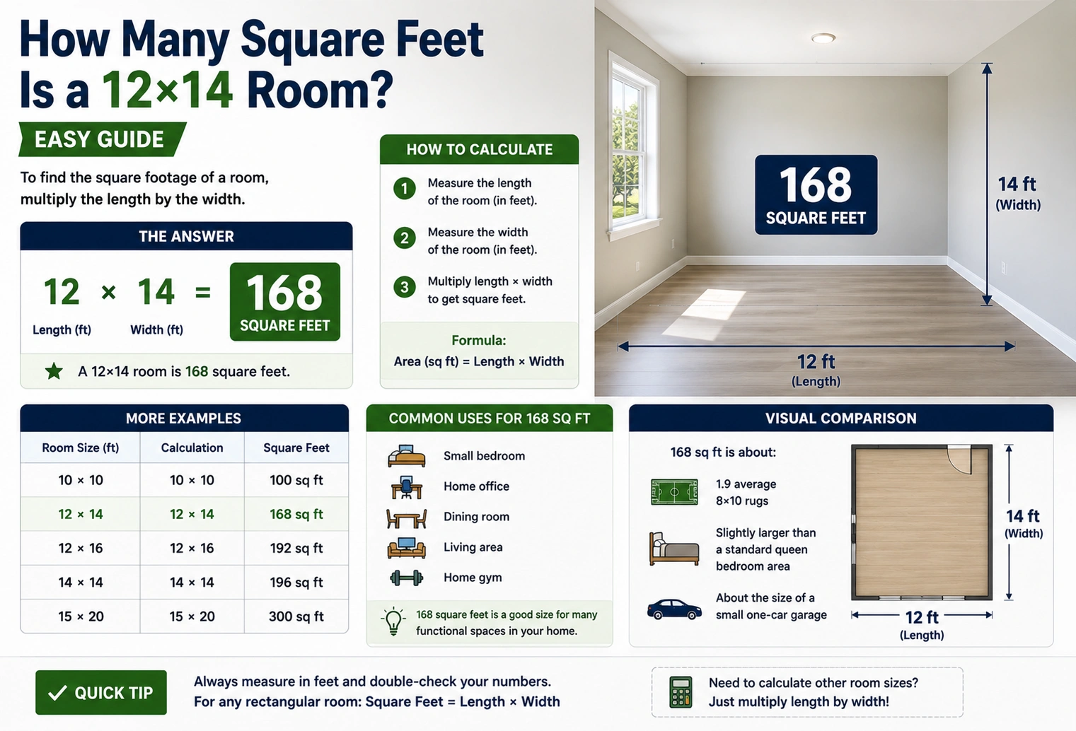 If you're wondering how many square feet are in a 12×14 room, the answer is 168 square feet.