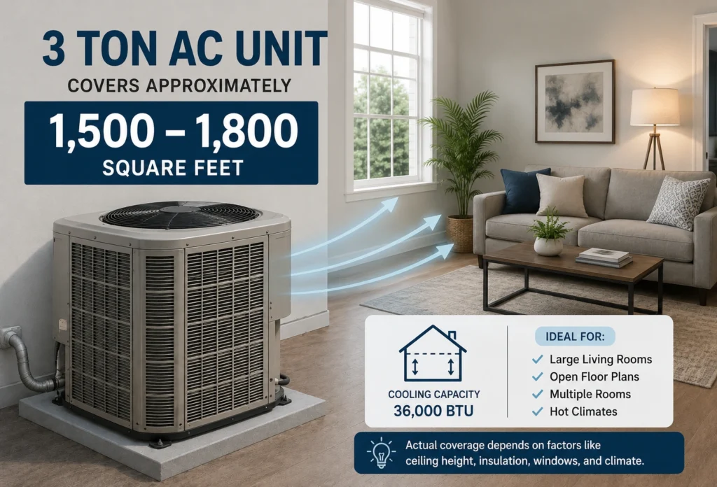 3 ton ac unit covers how many square feet