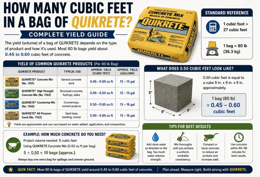 how many cubic feet in a bag of quikrete