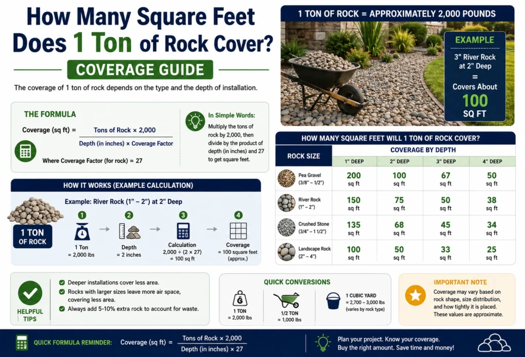 how many square feet does 1 ton of rock cover.