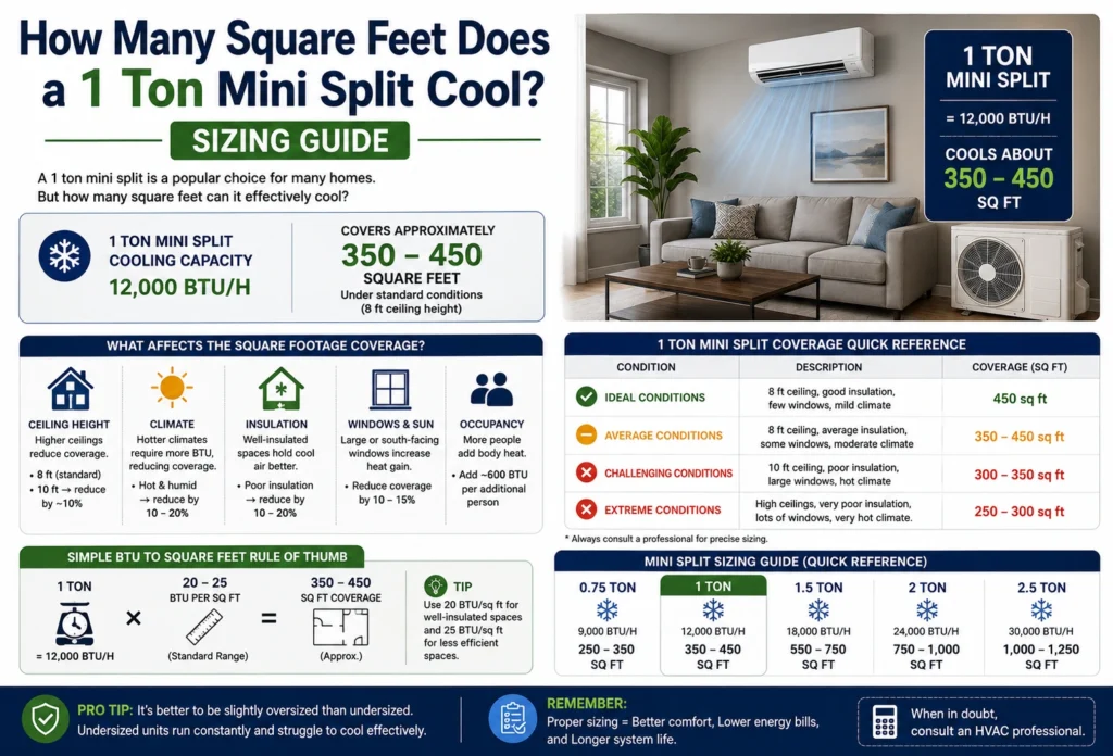 how many square feet does a 1 ton mini split cool