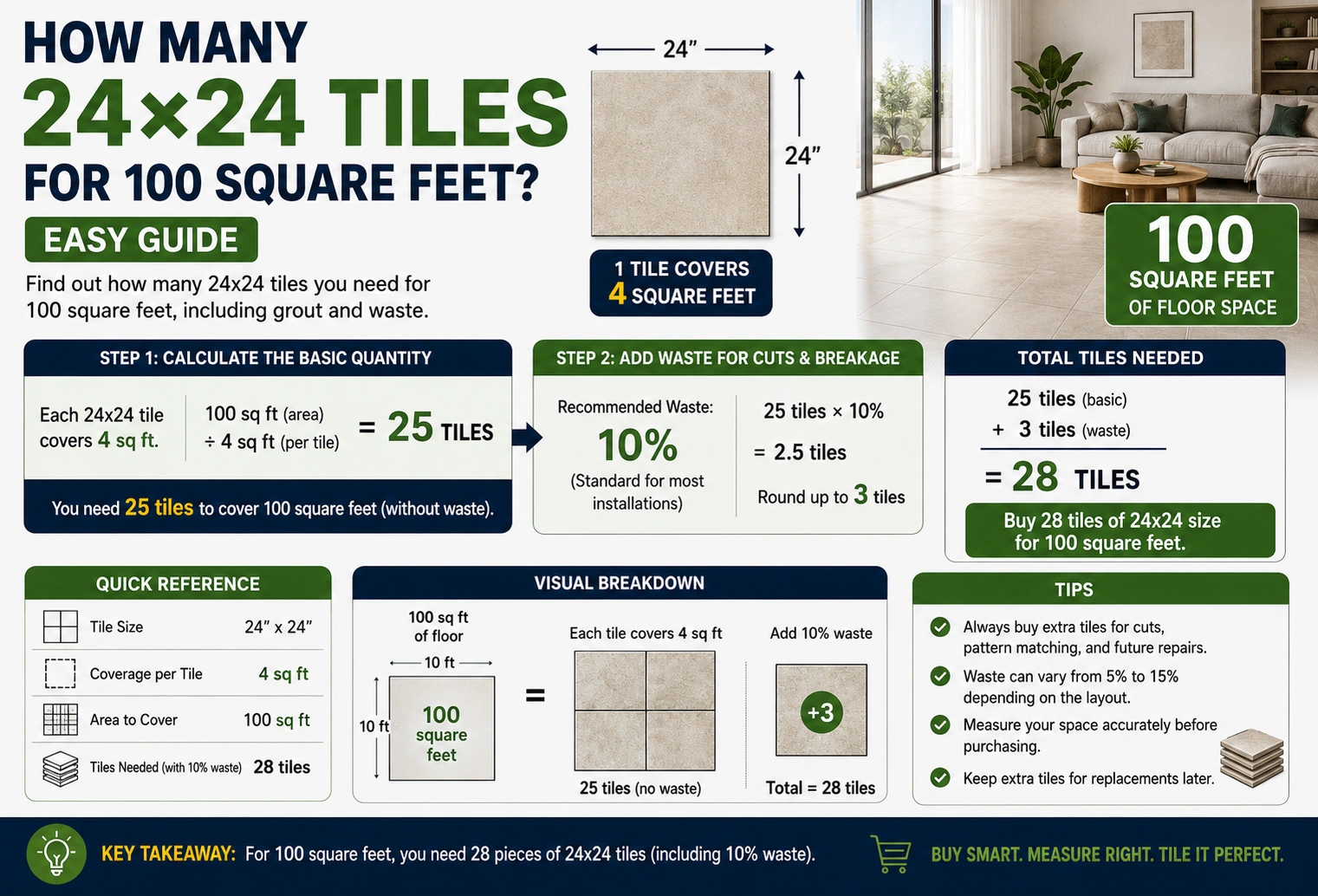 how many 24x24 tiles for 100 square feet
