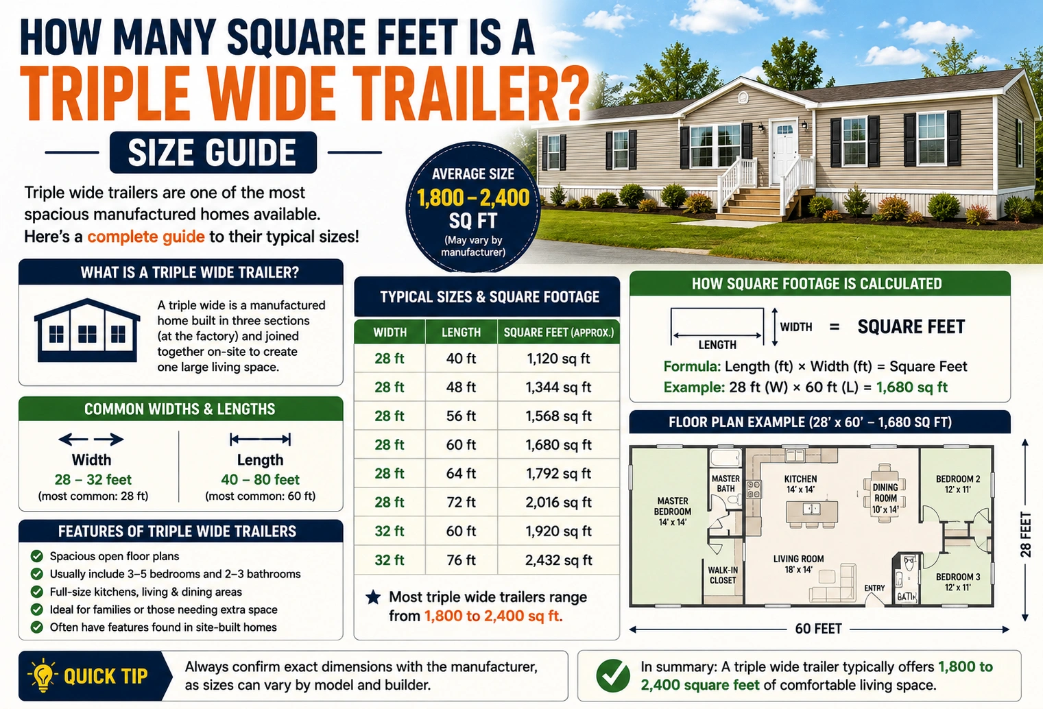 how many square feet is a triple wide trailer