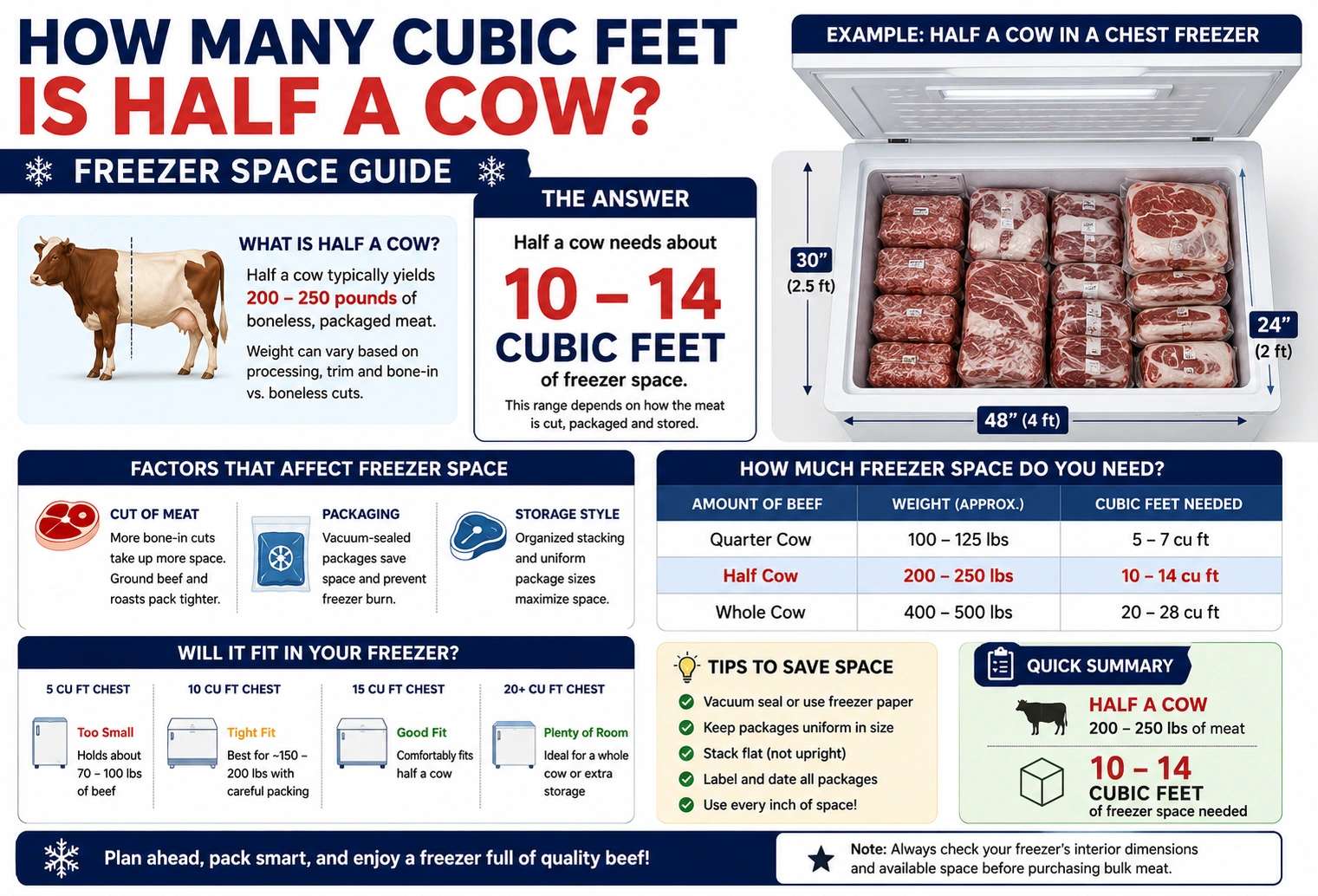 how many cubic feet is half a cow