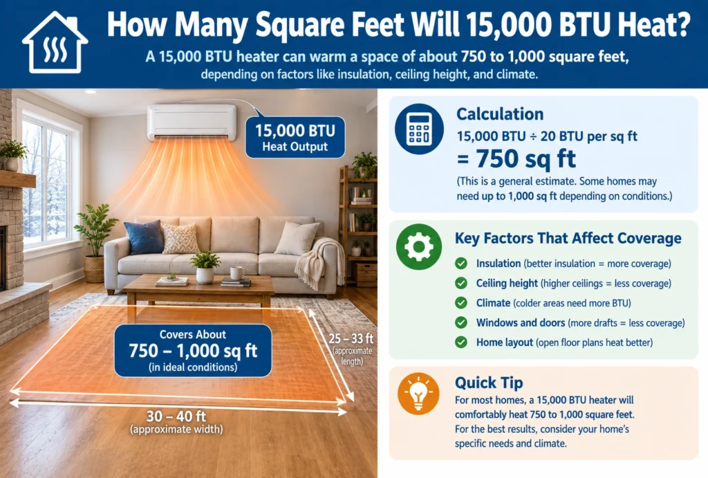 how many square feet will 15000 btu heat