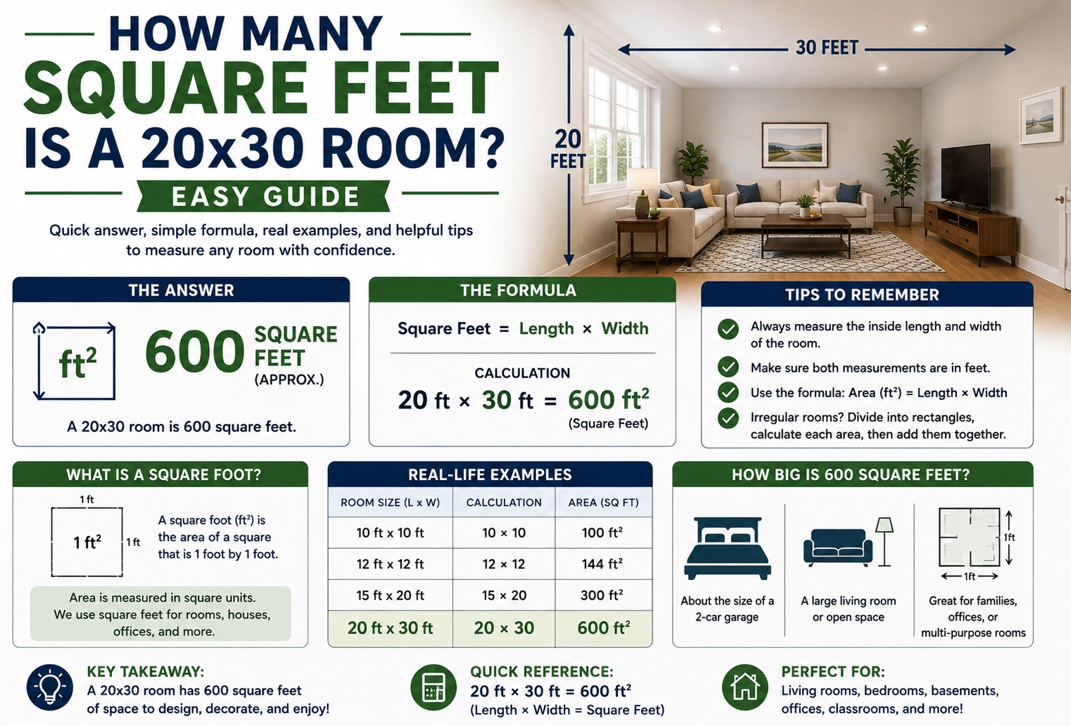 how many square feet is a 20x30 room