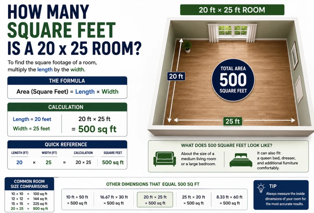 how many square feet is a 20 x 25 room