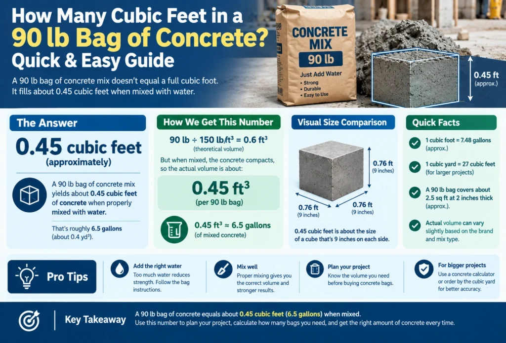 how many cubic feet in a 90 lb bag of concrete